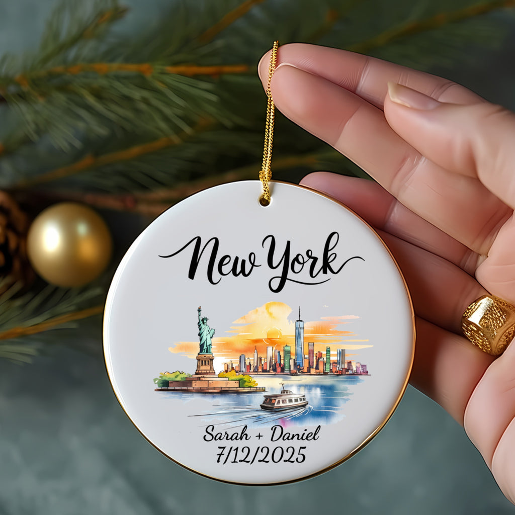 New York ornament with Statue of Liberty, skyline, boat, and personalized text.