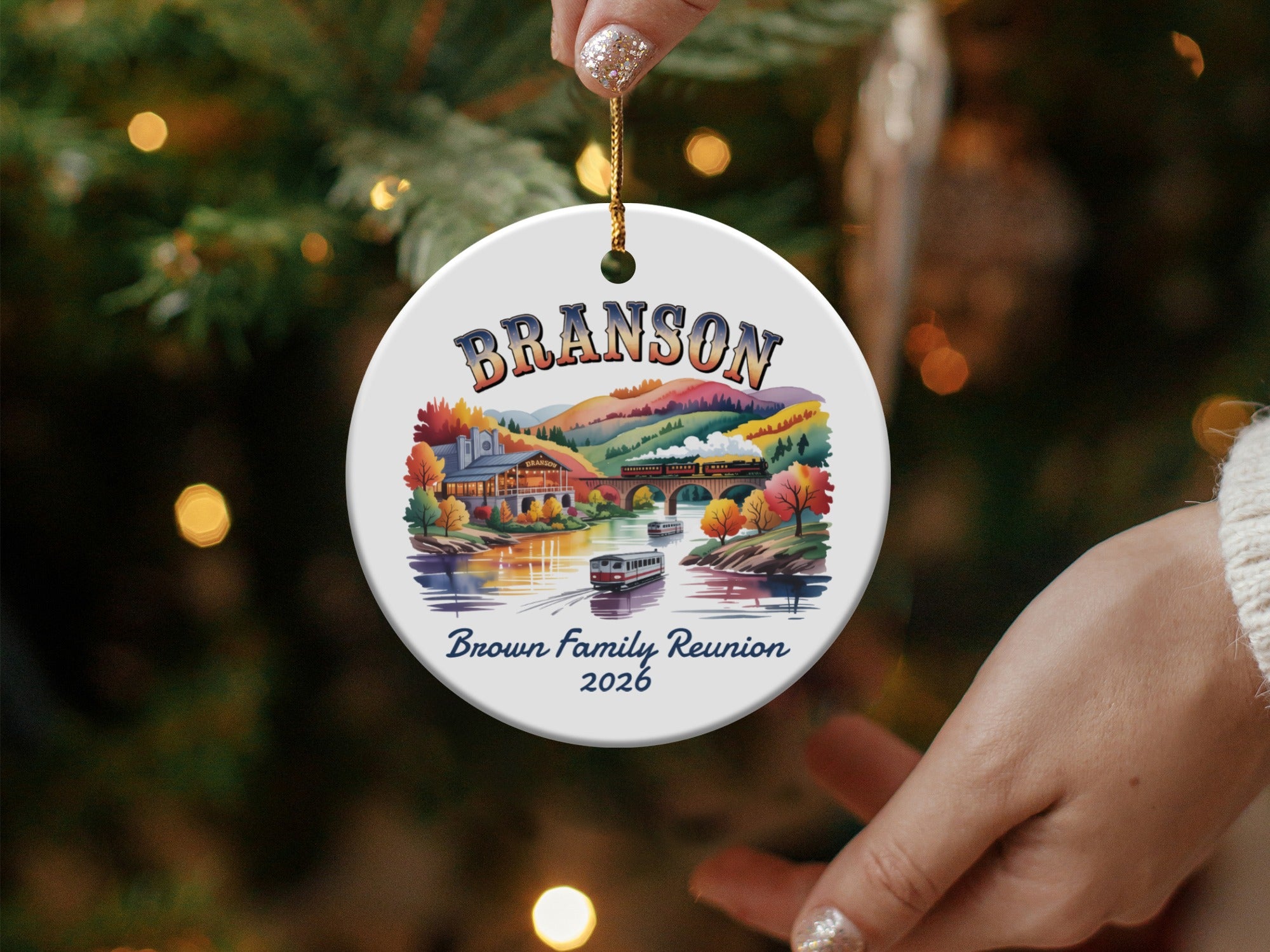 Branson ornament with train, river, and "Brown Family Reunion 2026" text.