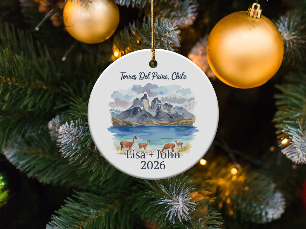 Round ornament with Torres del Paine, Chile landscape and "Lisa + John 2026".