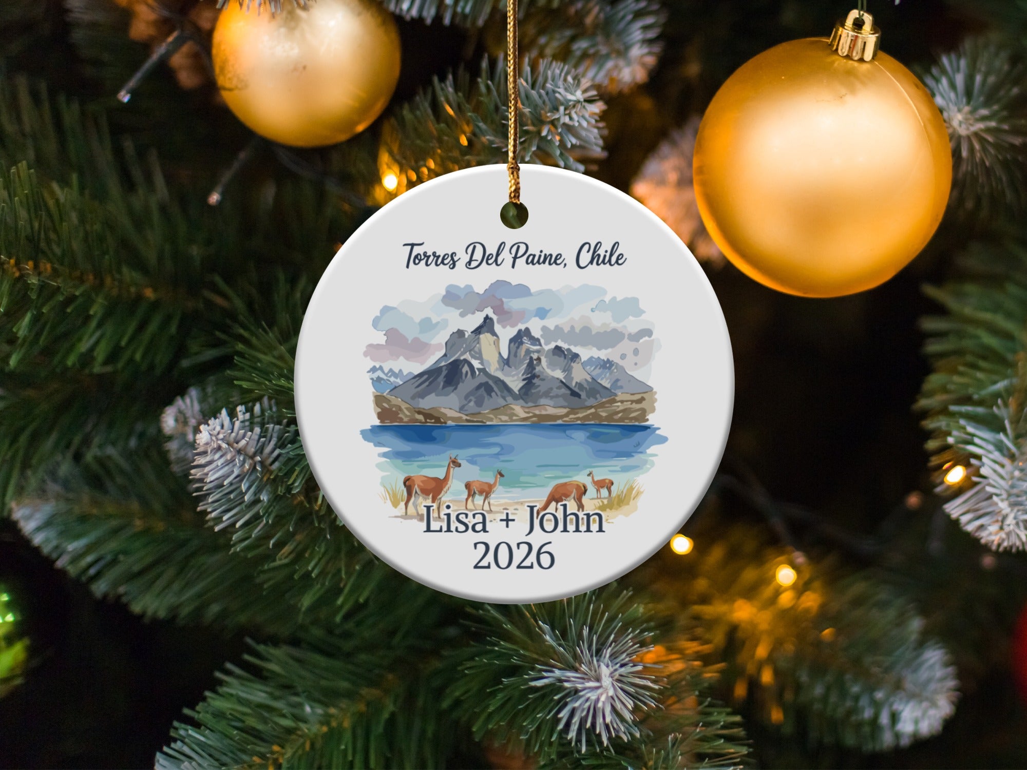 Round ornament with Torres del Paine, Chile landscape and "Lisa + John 2026".