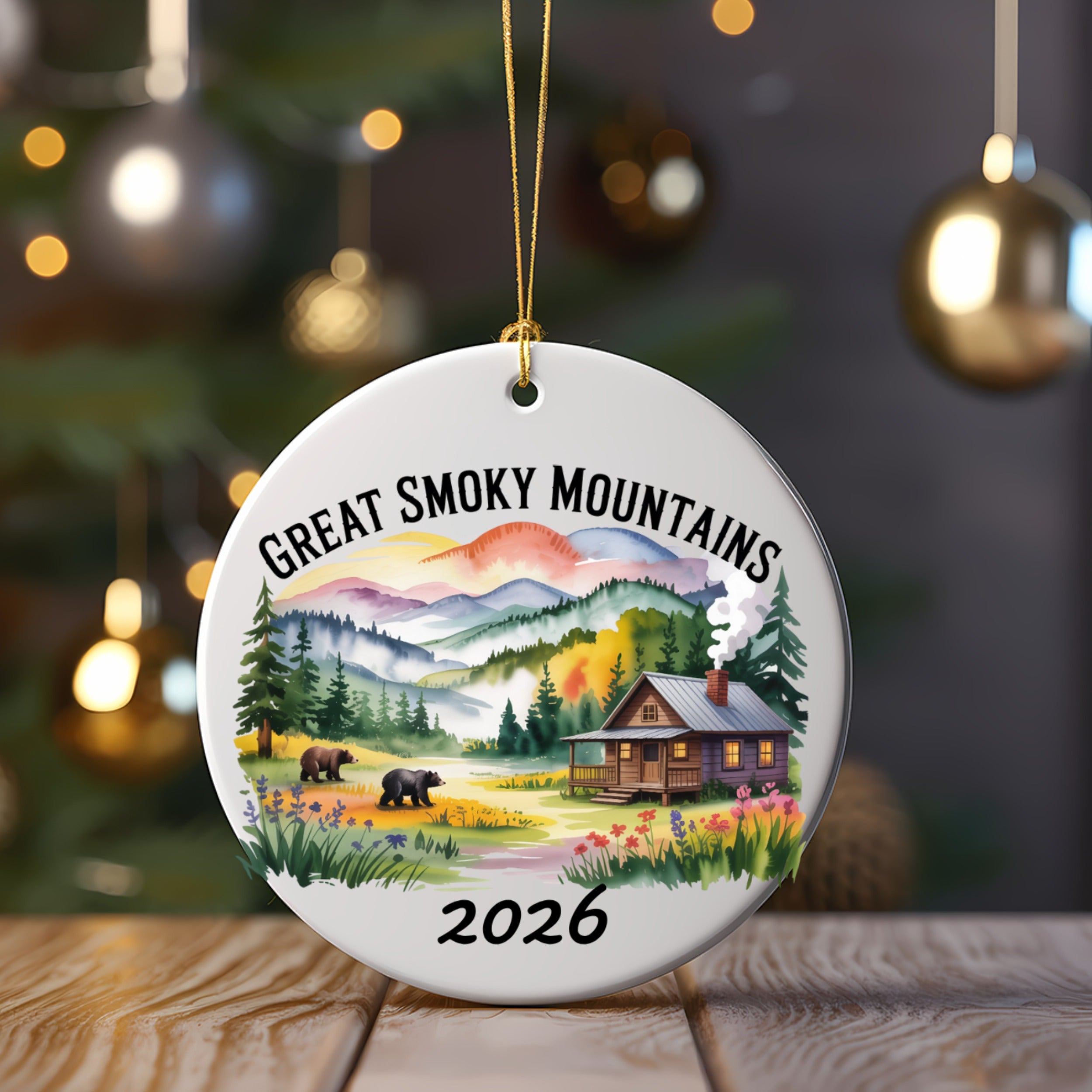 Great Smoky Mountains ornament with cabin, bears, and 2026.