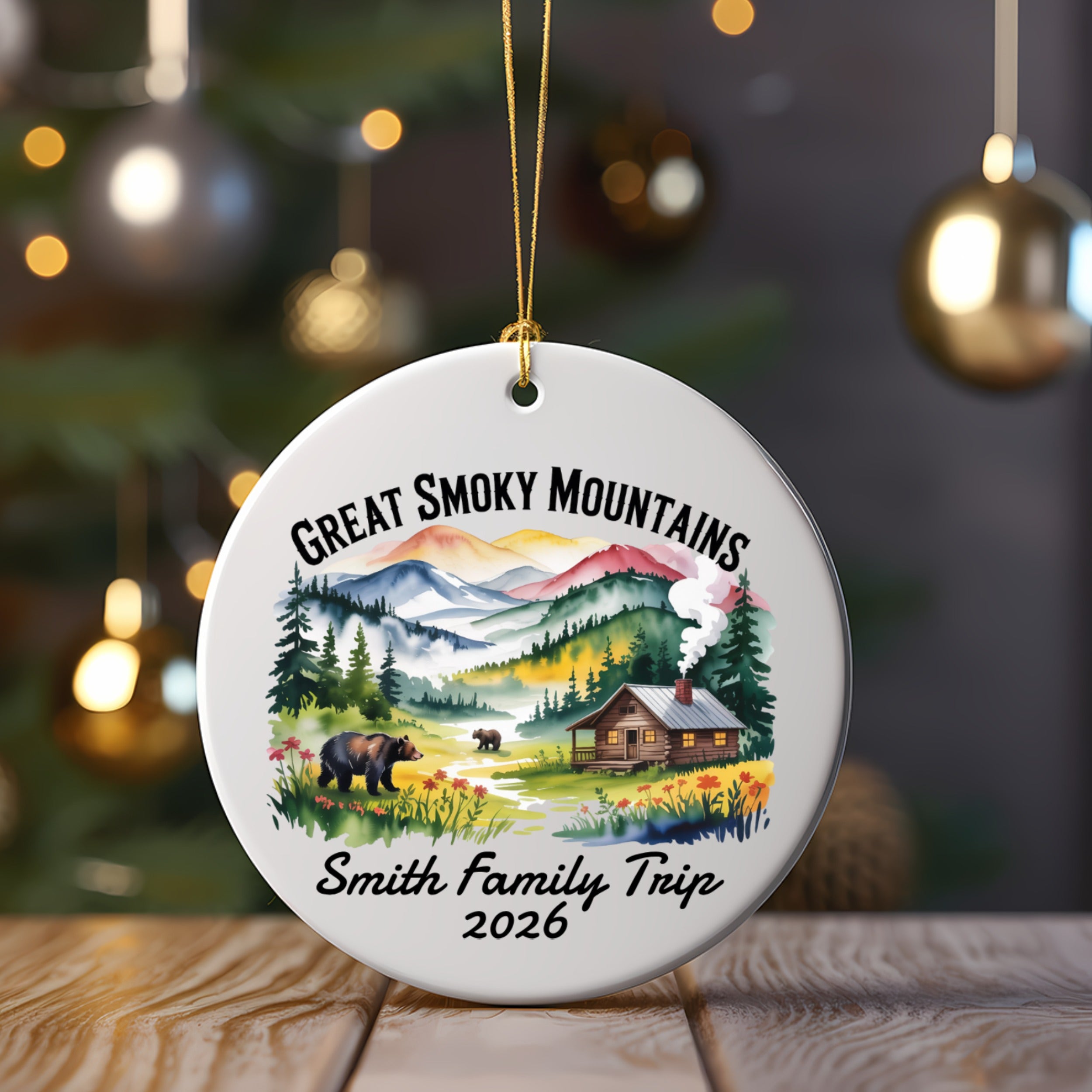 Great Smoky Mountains cabin, bear, and text "Smith Family Trip 2026".