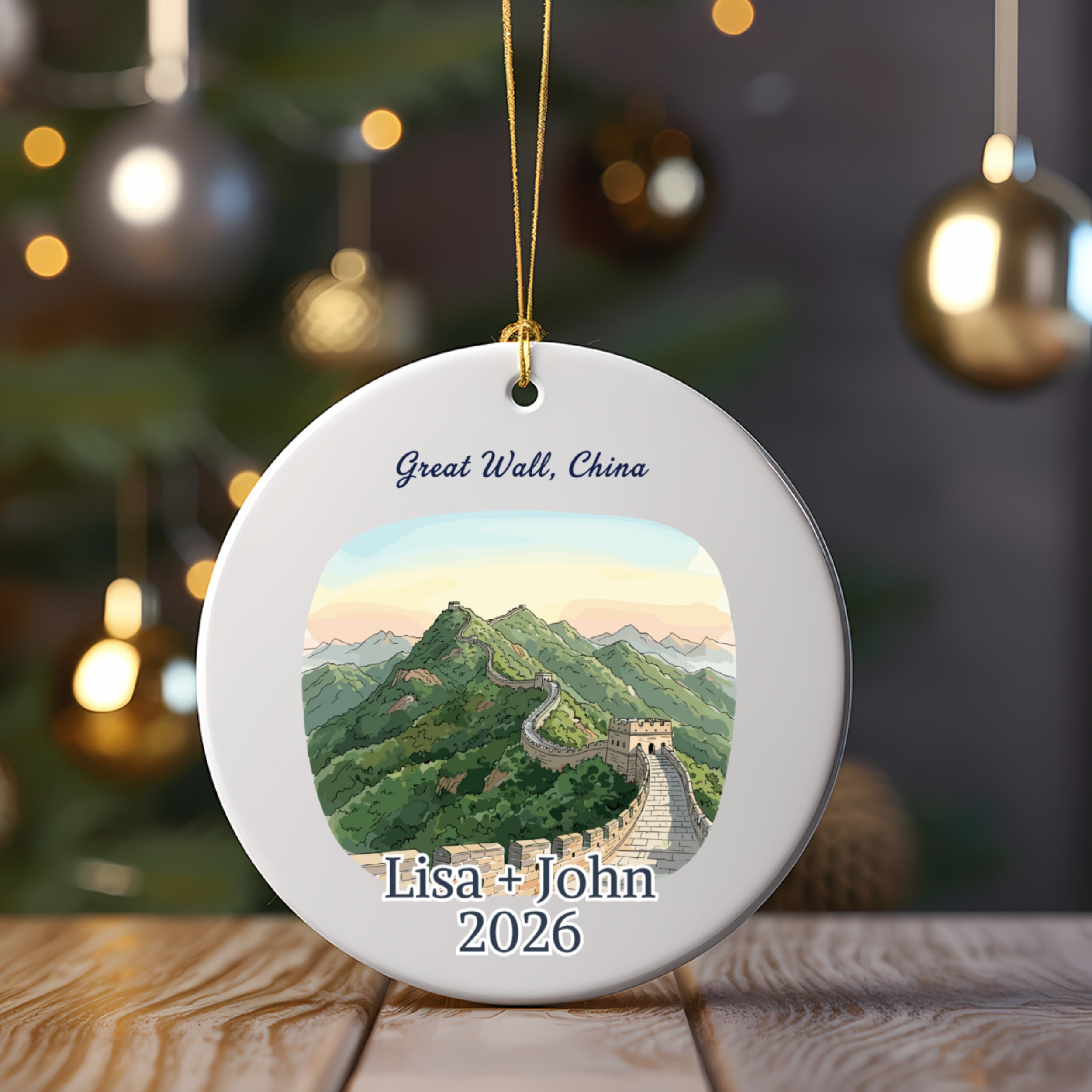 Personalized Great Wall of China Ornament, Custom Honeymoon Souvenir, Travel Trip Memento, Couple Wedding Gift, Custom Name Date Year