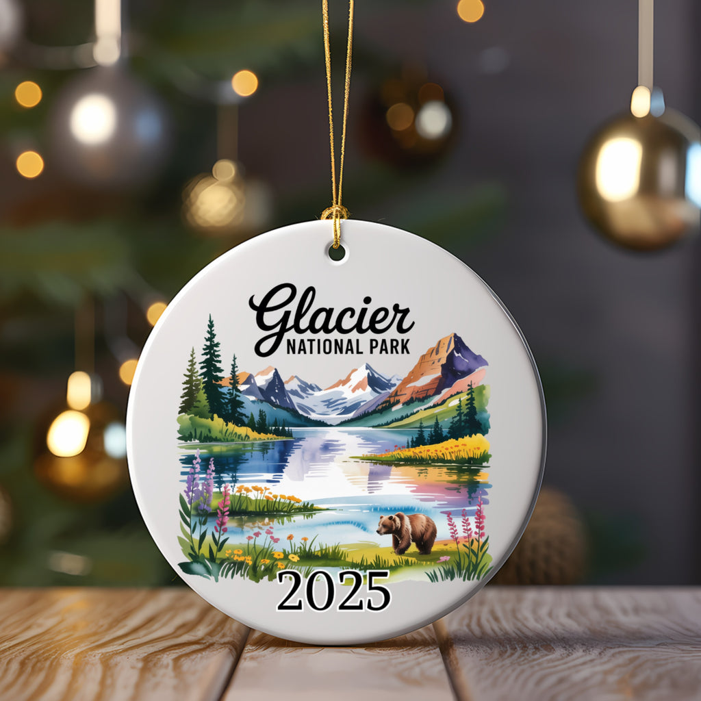 Glacier National Park ornament with a bear and mountain lake scene.