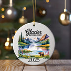 Glacier National Park ornament with a bear and mountain lake scene.