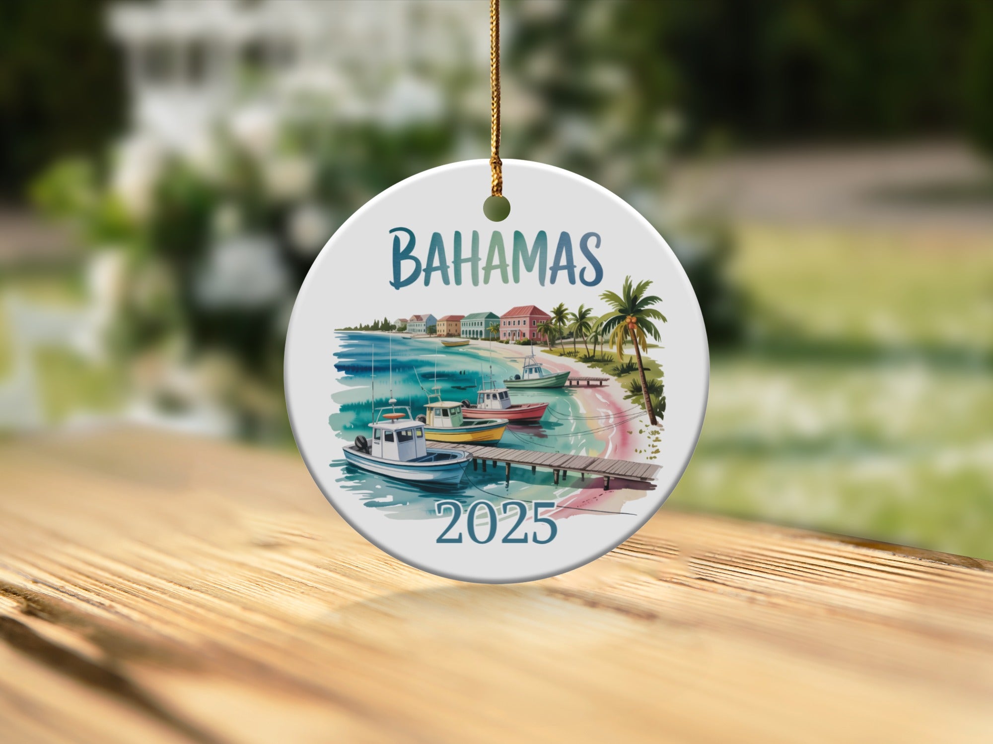 Bahamas 2025 ceramic ornament with boats and buildings.