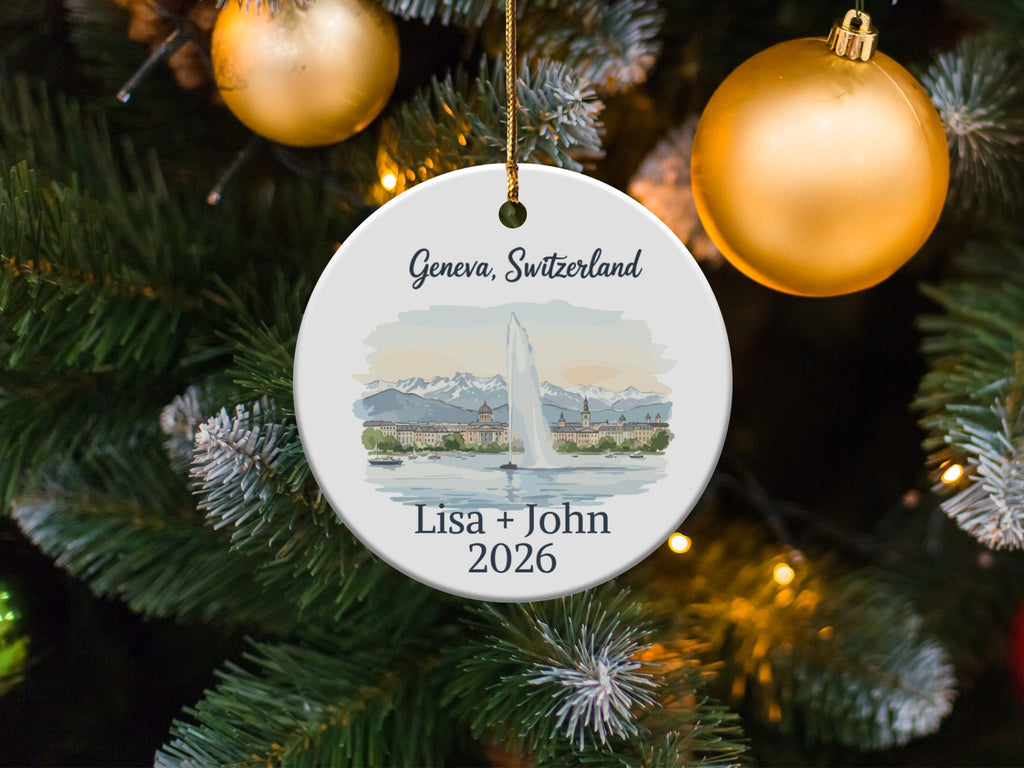 Ornament with Geneva, Switzerland skyline and "Lisa + John 2026" text.