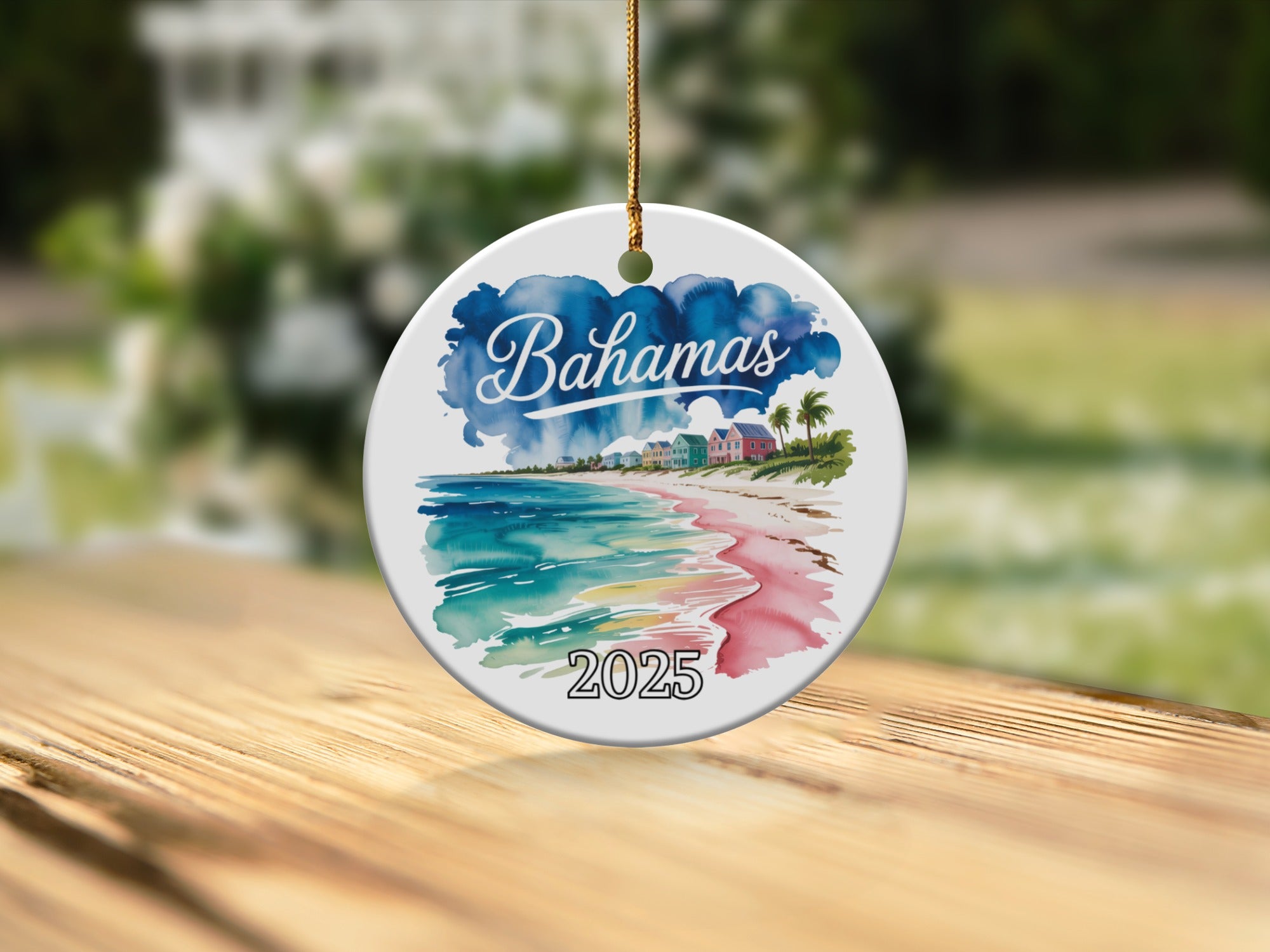 Round ornament with "Bahamas 2025" and watercolor beach scene.