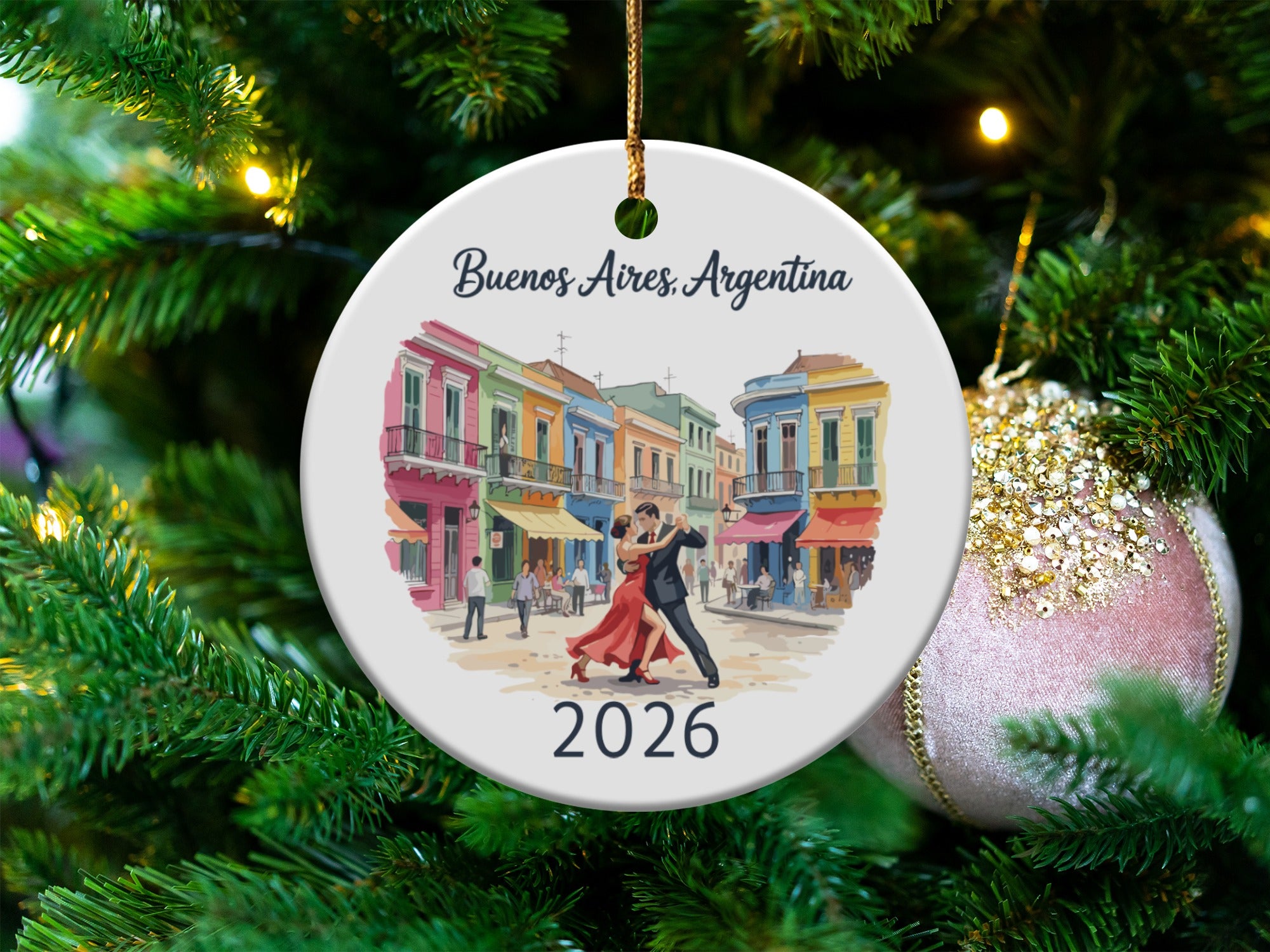 Round ornament with Buenos Aires, Argentina, dancing couple, and "2026".