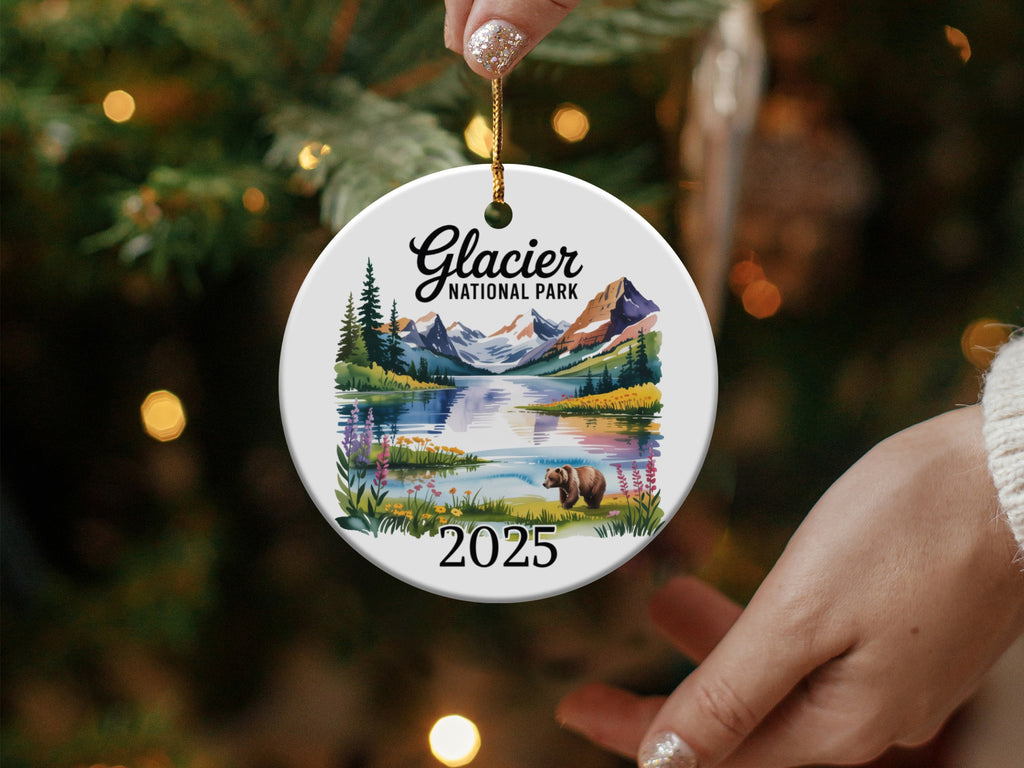 Glacier National Park ornament with a bear and lake scene, dated 2025.