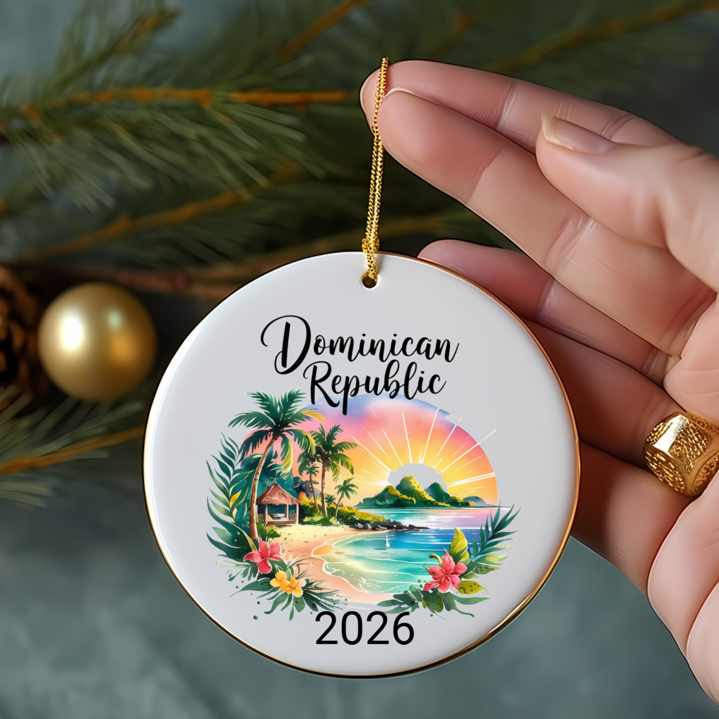 Round ornament with a beach scene and "Dominican Republic 2026" text.