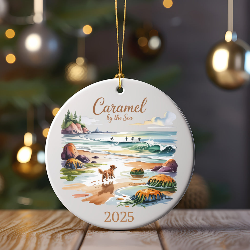 Ornament with "Caramel by the Sea" text, dog, surfers, and ocean waves.