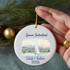 Geneva, Switzerland ornament with fountain, mountains, and text "Lisa + John 2026".