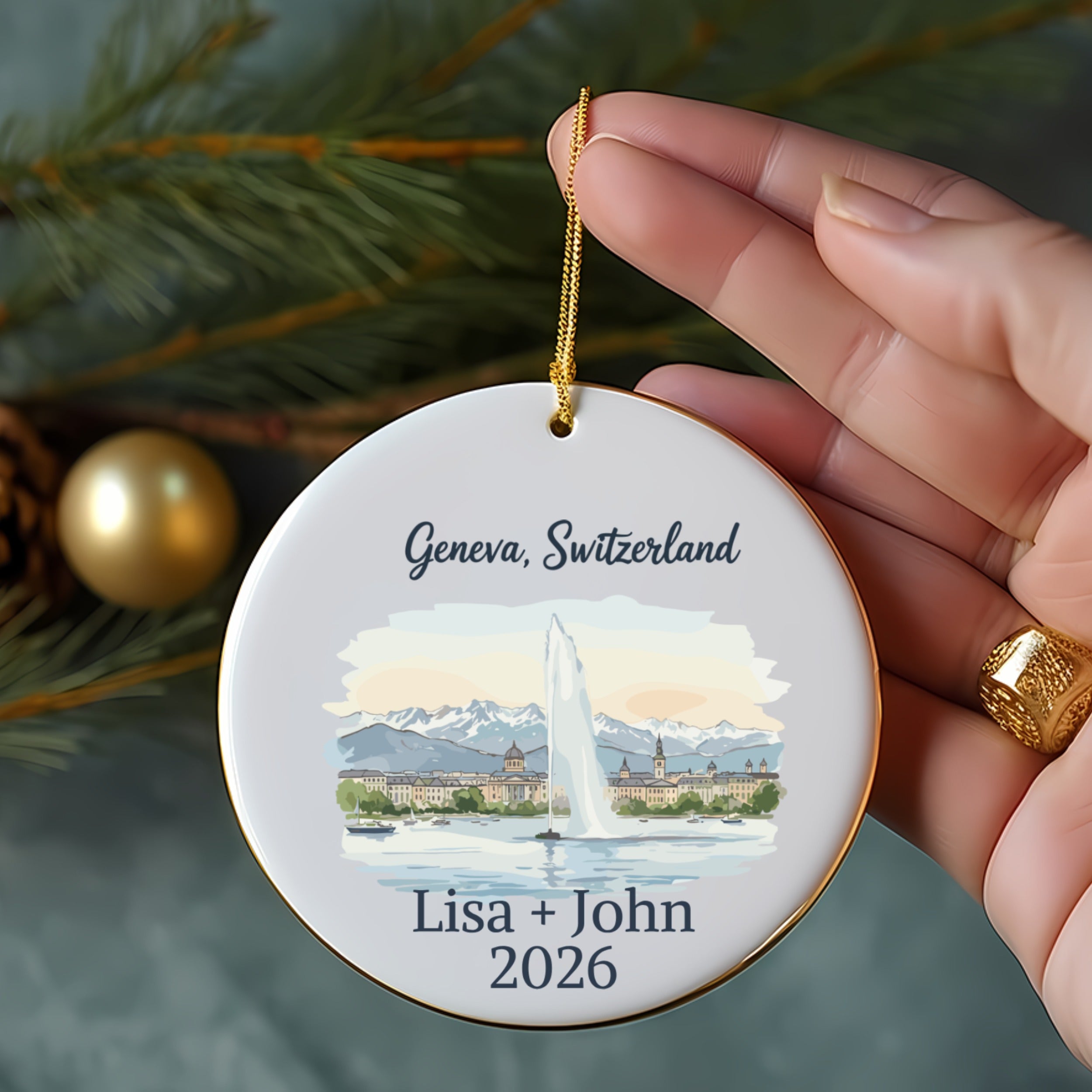 Geneva, Switzerland ornament with fountain, mountains, and text "Lisa + John 2026".