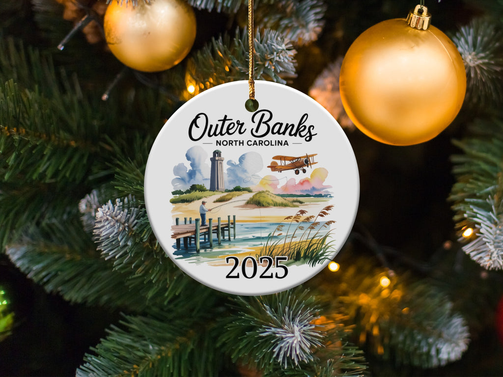 Outer Banks North Carolina 2025 round ornament with lighthouse and airplane.