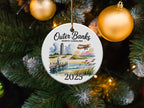 Outer Banks North Carolina 2025 round ornament with lighthouse and airplane.