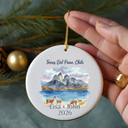 Torres del Paine, Chile ornament with mountains, lake, and personalized text "Lisa + John 2026".