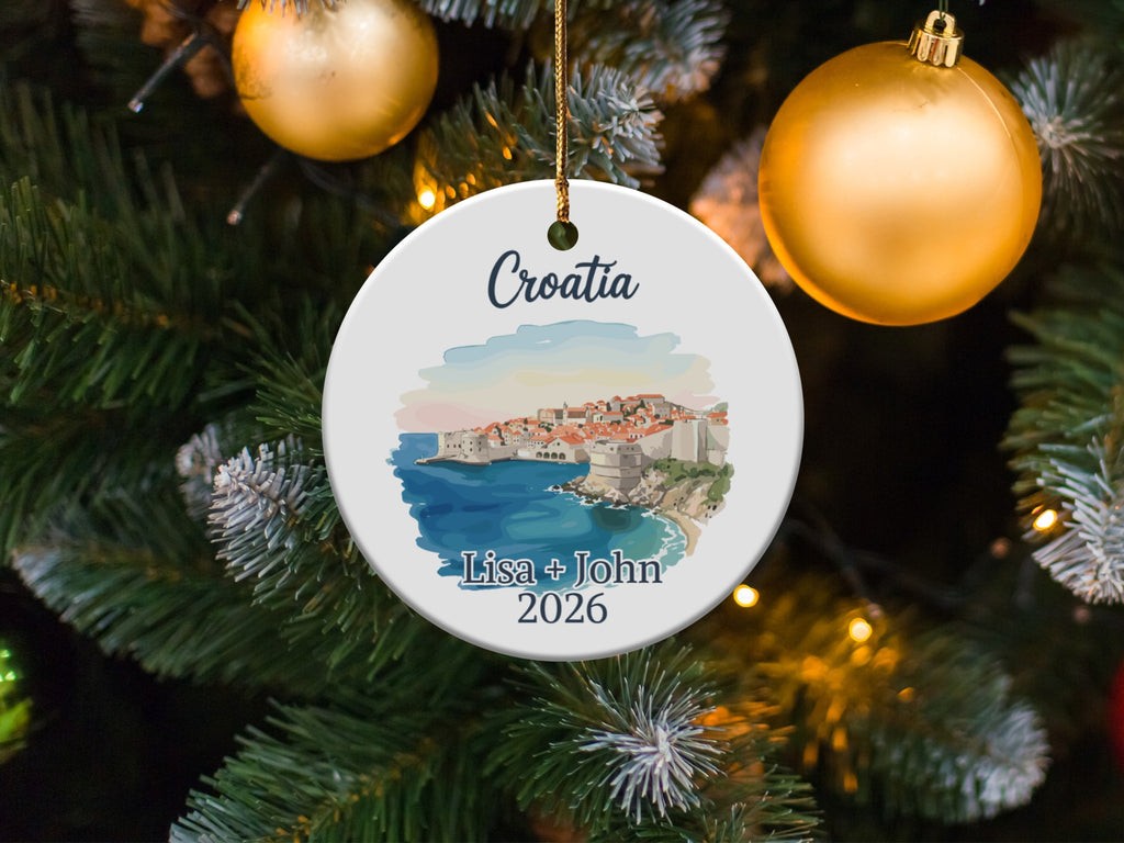Croatia Christmas ornament with city and water view, personalized "Lisa + John 2026".