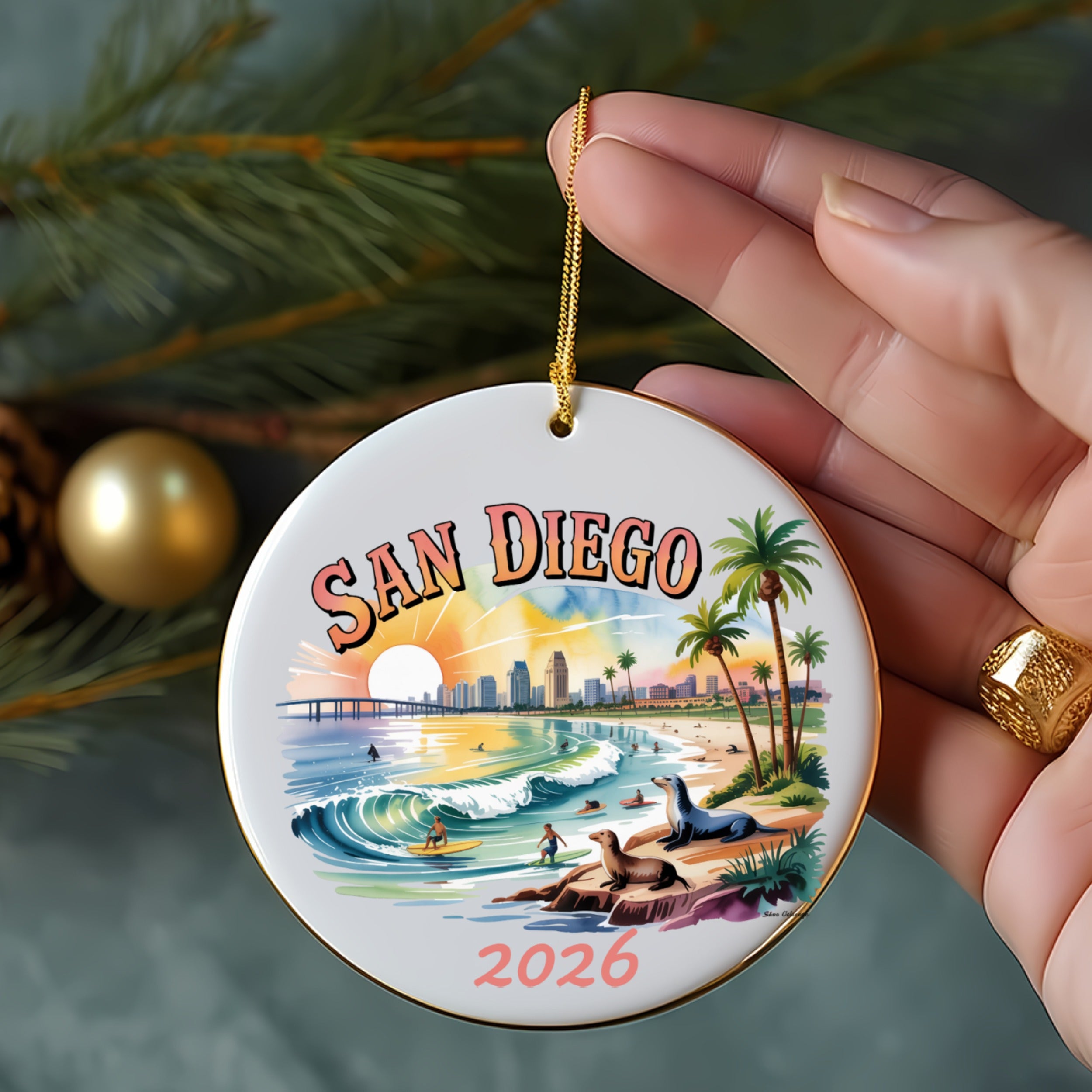 San Diego 2026 ceramic ornament with beach scene and palm trees.