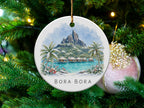 Bora Bora round ornament with tropical mountain and overwater bungalows scene.