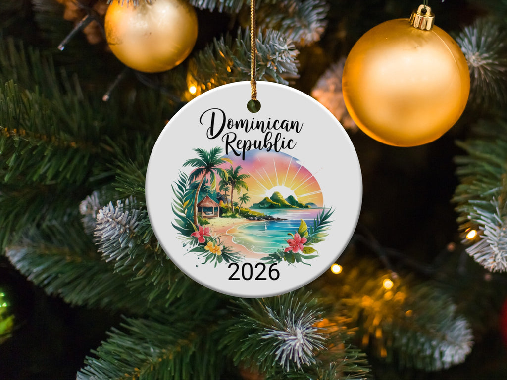 Dominican Republic 2026 ornament with tropical beach scene and palm trees.