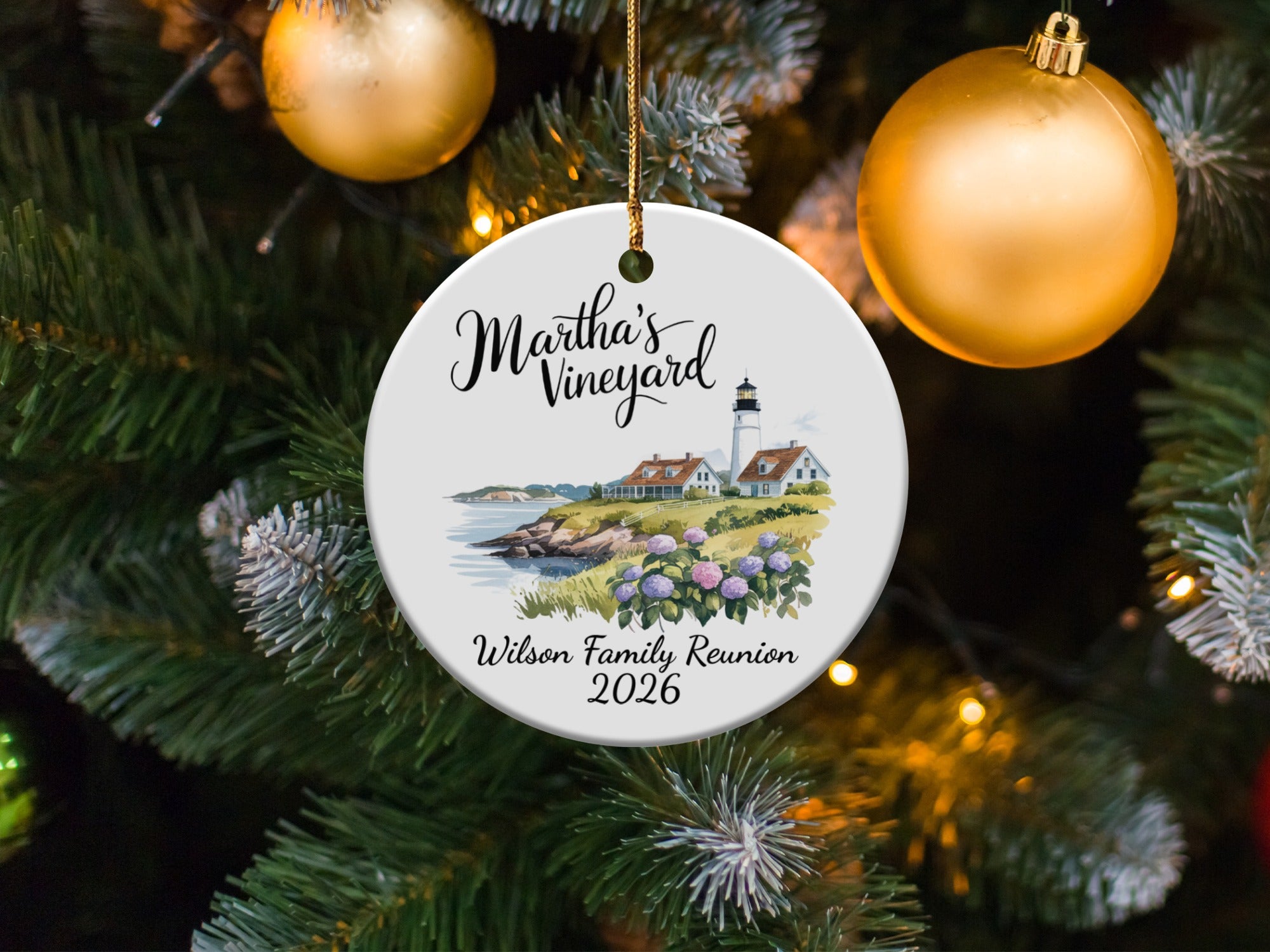 Martha's Vineyard lighthouse ornament with "Wilson Family Reunion 2026" text.