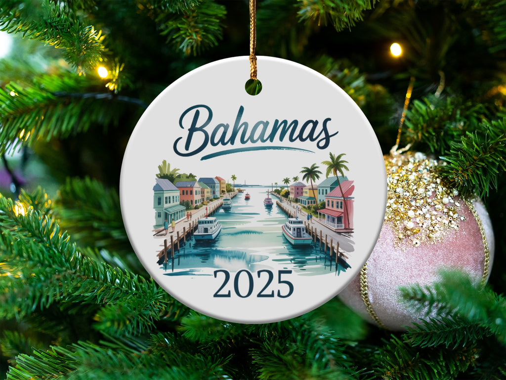 Bahamas 2025 ceramic ornament with canal and buildings scene.