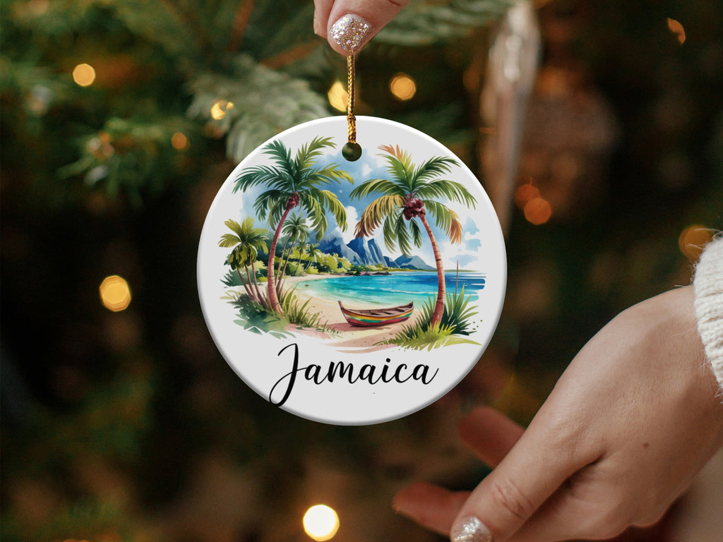 Round Jamaica ornament with palm trees, beach, and canoe.