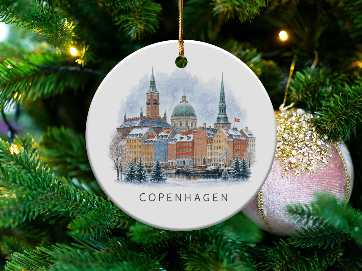 Round ornament with Copenhagen skyline illustration and "COPENHAGEN" text.