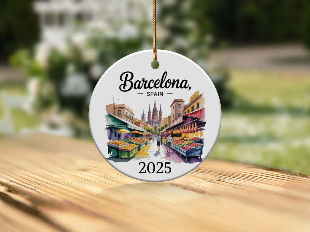 Round ornament with watercolor illustration of Barcelona market, "Barcelona, Spain" and "2025".