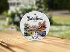 Round ornament with watercolor illustration of Barcelona market, "Barcelona, Spain" and "2025".