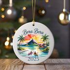 Bora Bora 2025 ornament with palm trees, kayaks, and tropical sunset.