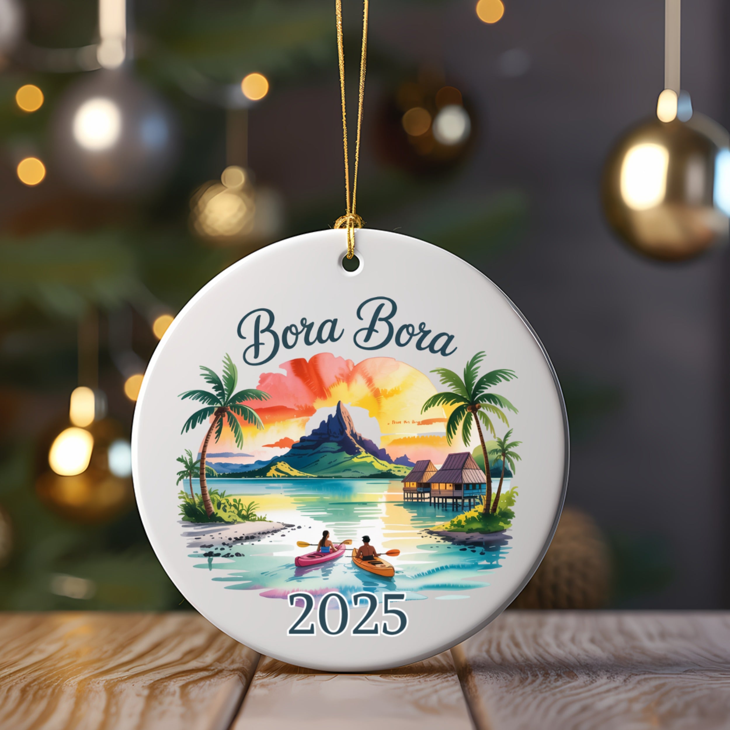 Bora Bora 2025 ornament with palm trees, kayaks, and tropical sunset.
