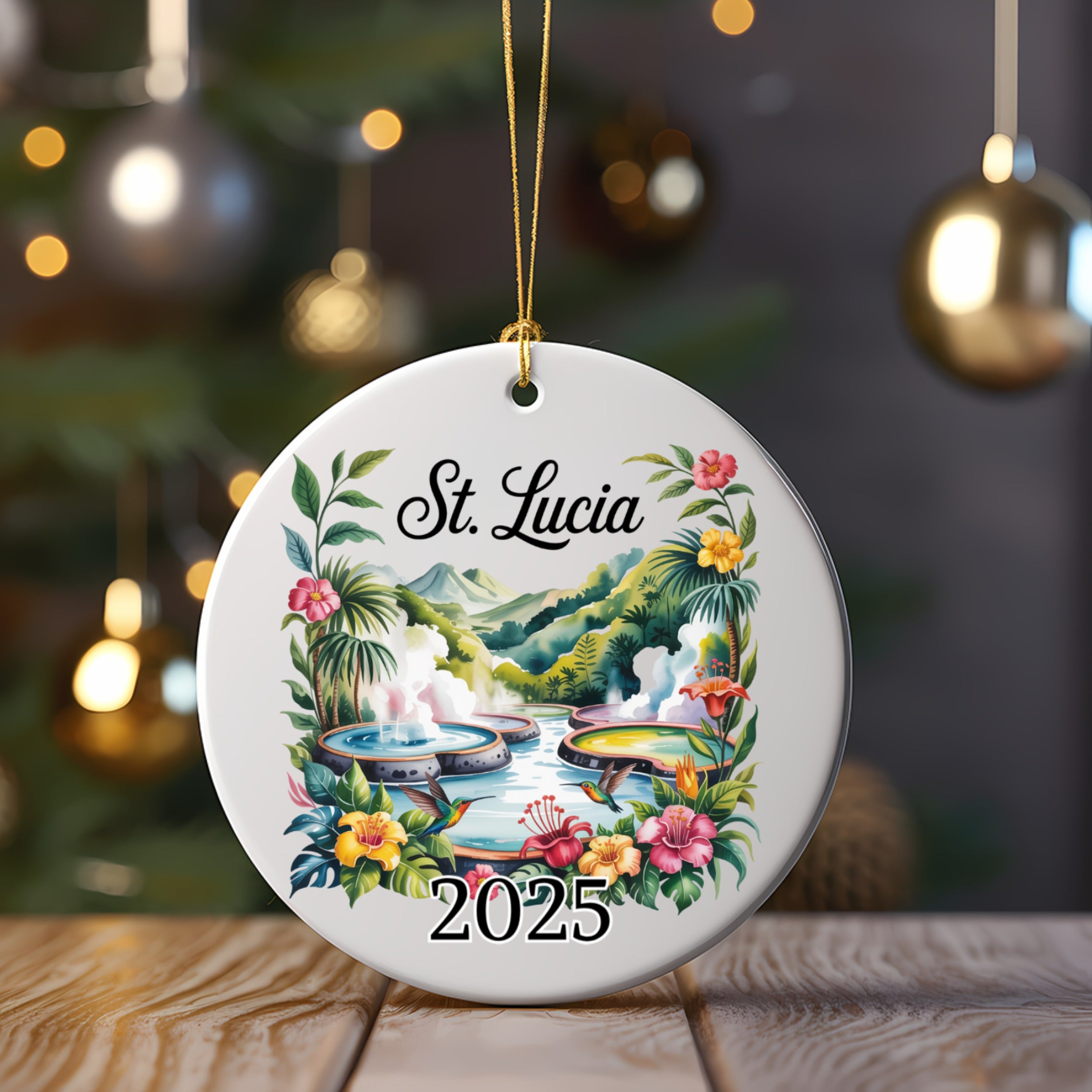 St. Lucia Ornament, Personalized Vacation Souvenir, Customizable Year, Tropical Travel Gift, Honeymoon Reunion Christmas Trip Keepsake