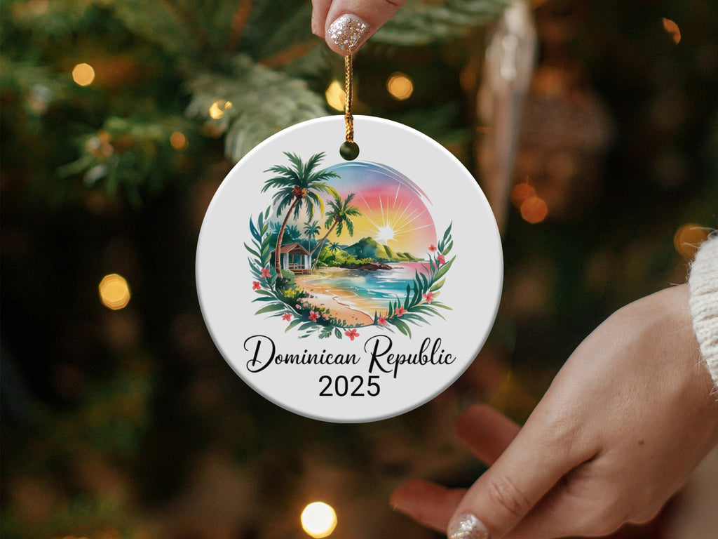 Round ornament with Dominican Republic scene and "2025" text.