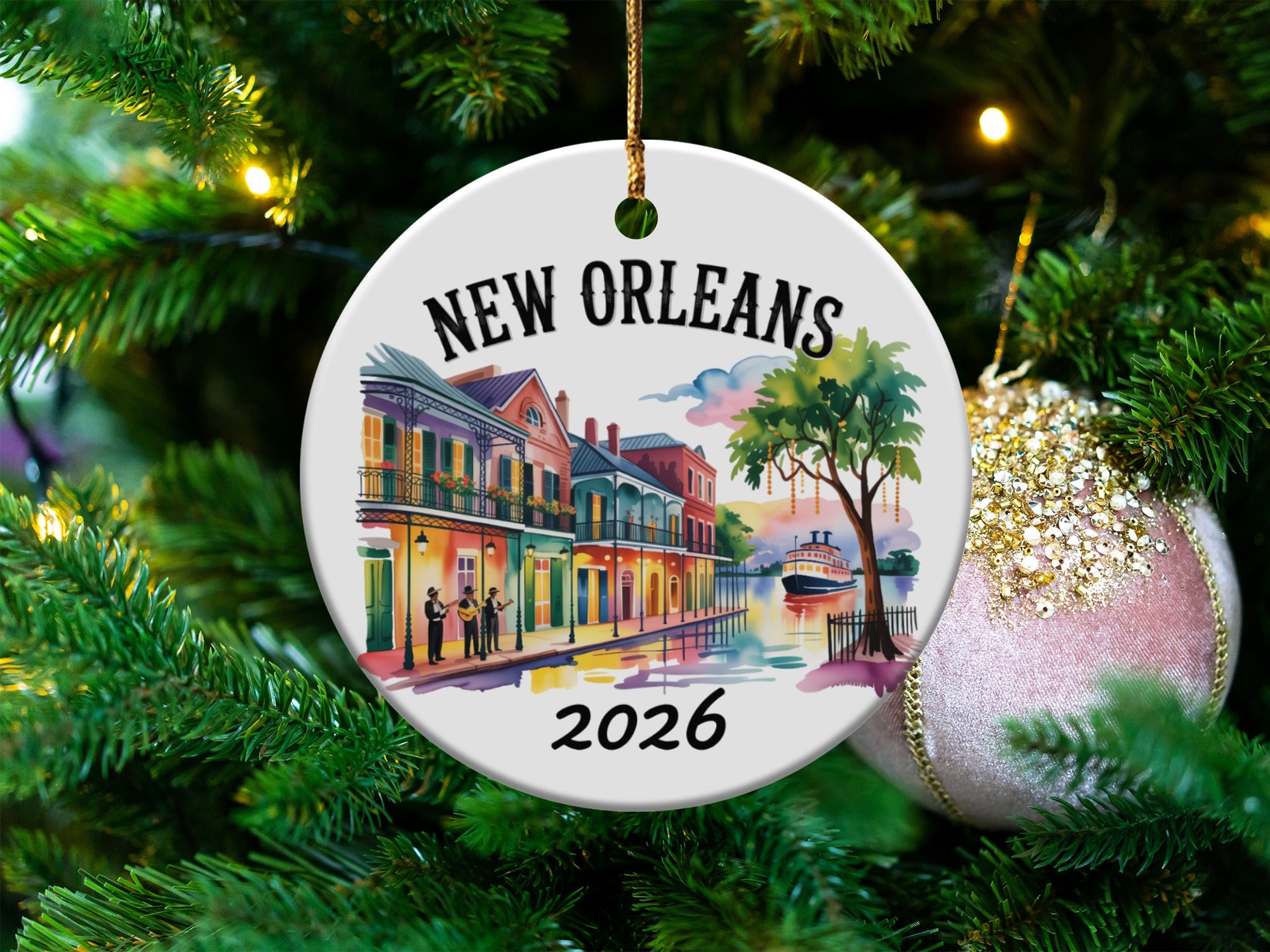 New Orleans ornament with balcony buildings and steamboat on river.