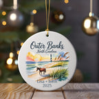 Outer Banks, North Carolina ornament with lighthouse, beach, and horse, personalized "Lisa + John 2025".
