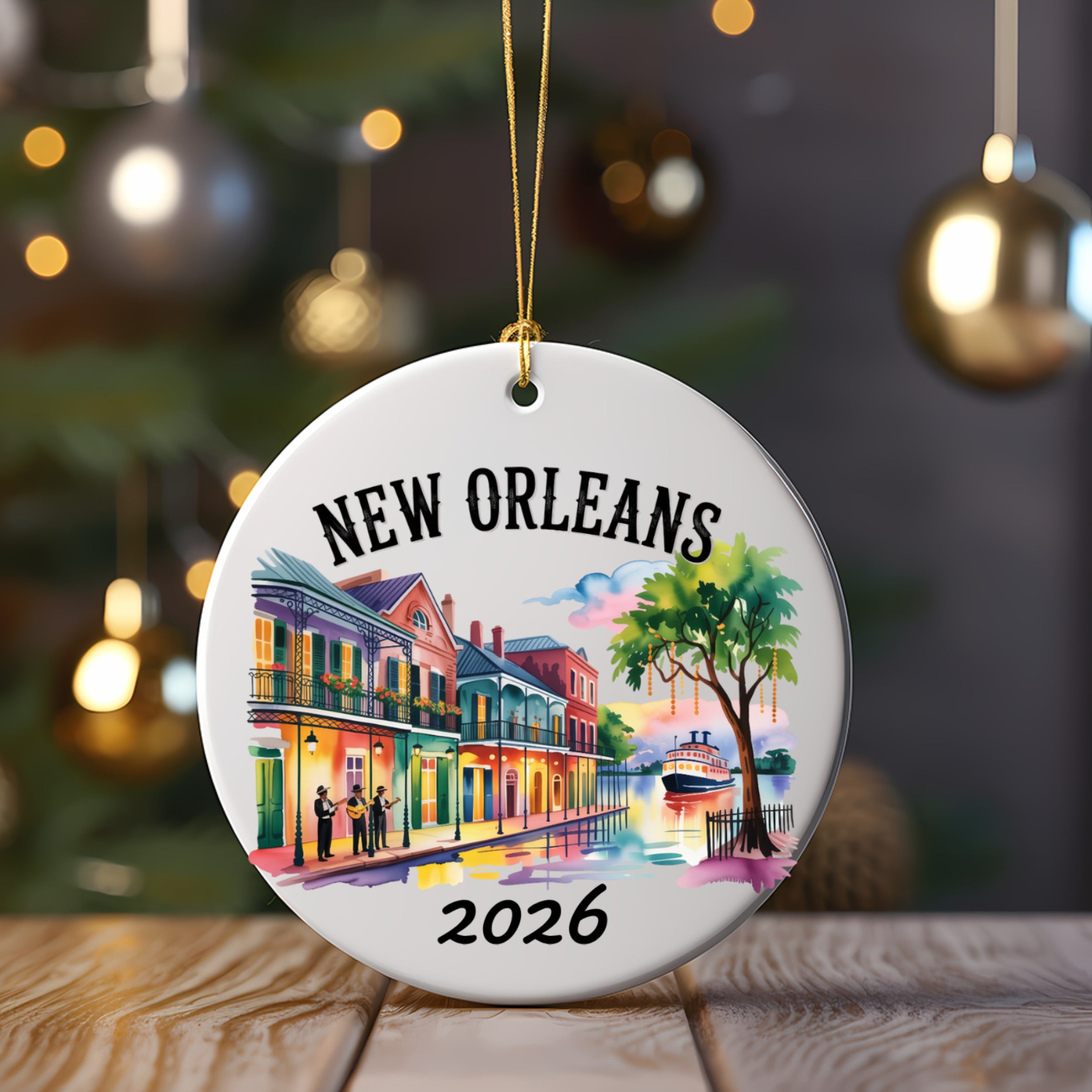 New Orleans 2026 ceramic ornament with colorful buildings and a canal.