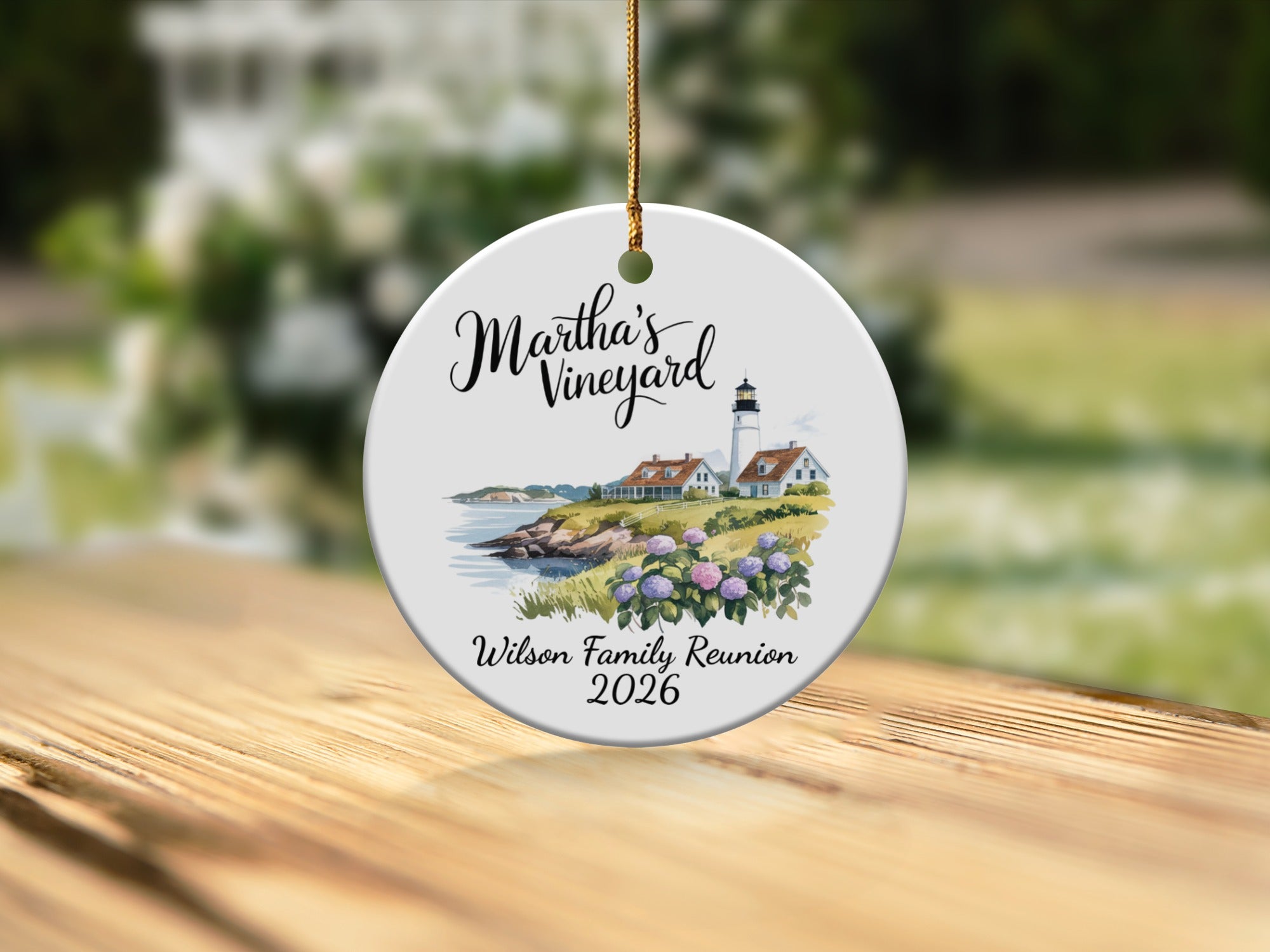 Martha's Vineyard lighthouse on a coast with hydrangea, Wilson Family Reunion 2026.