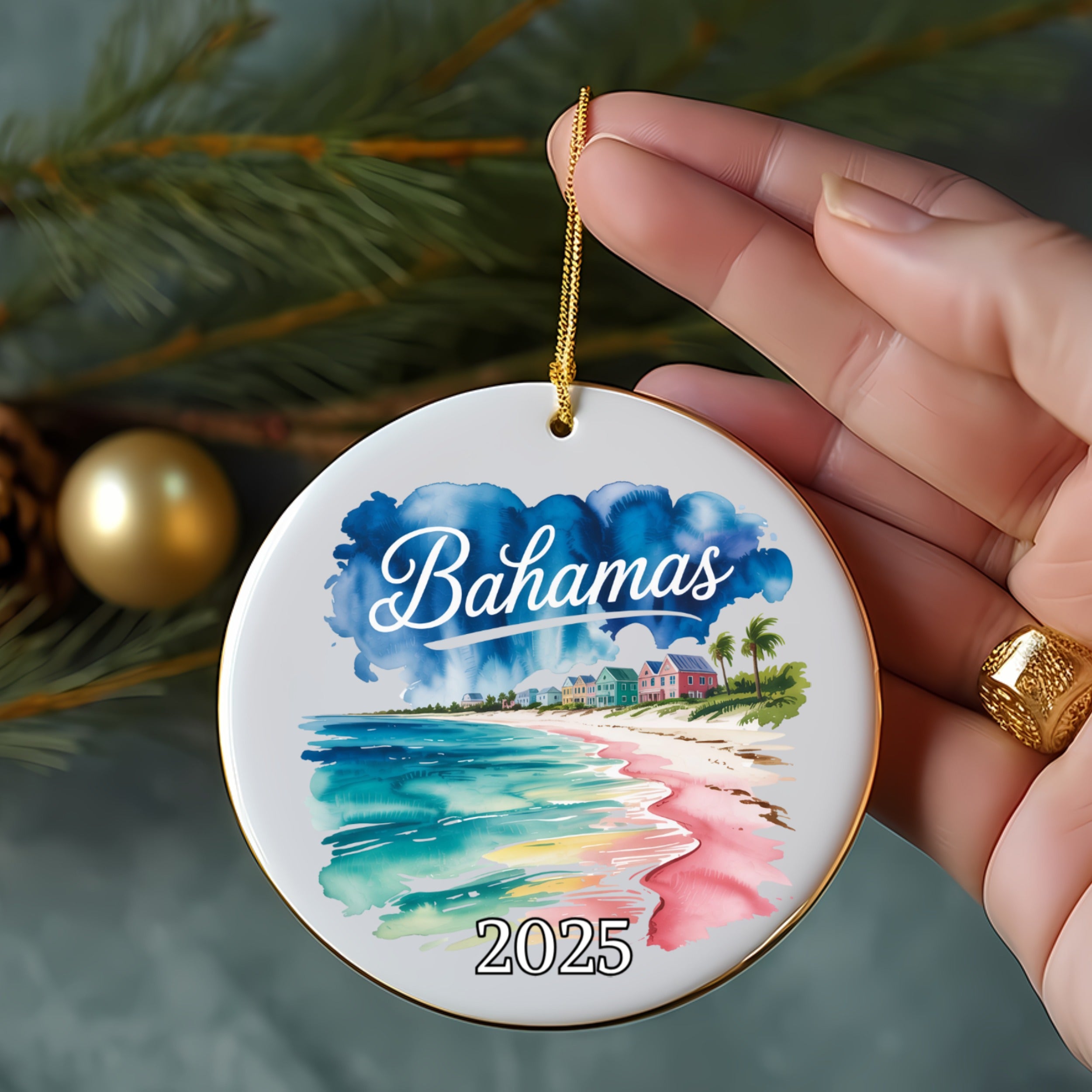 Bahamas ornament with watercolor beach scene and "2025" text.