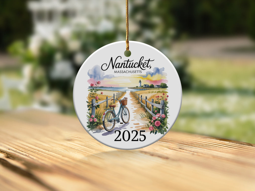 Nantucket, Massachusetts ornament with lighthouse, bicycle, and beach scene.