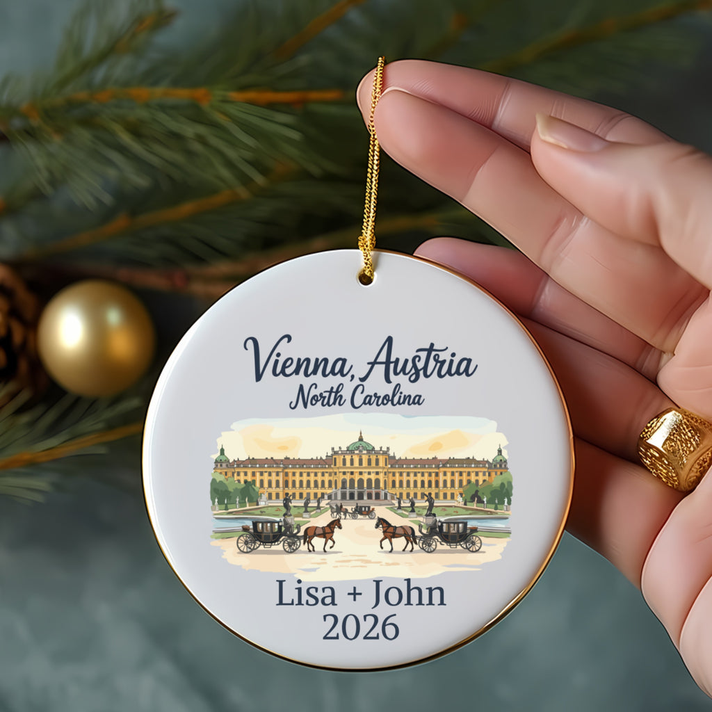 Christmas ornament with Vienna palace, "North Carolina", and "Lisa + John 2026".