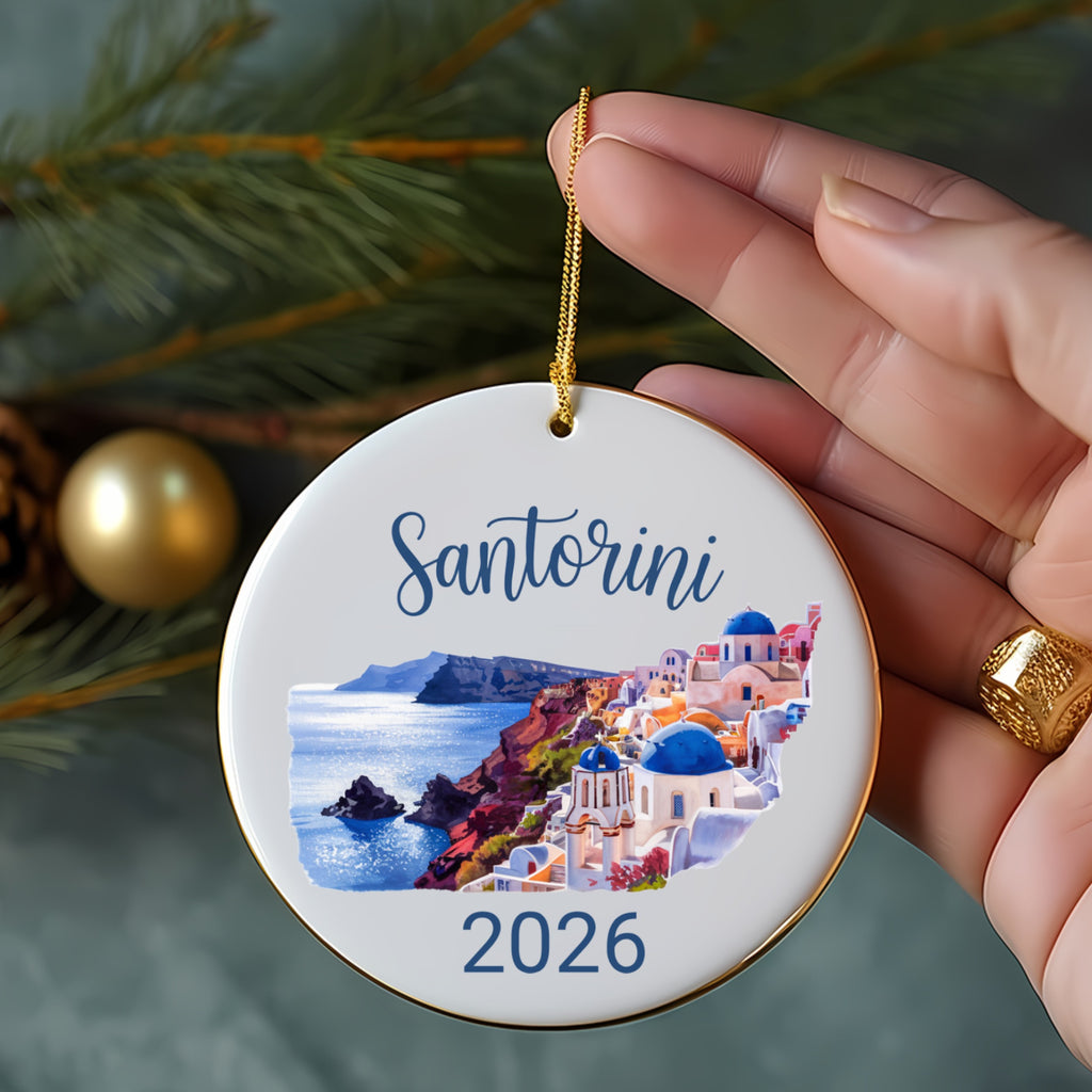Santorini 2026 ceramic ornament with blue domed buildings and sea.