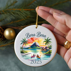 Round Bora Bora ornament with palm trees, kayaks, mountains, and year 2025.