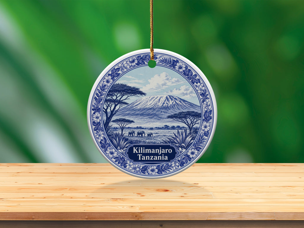 Round ornament with Kilimanjaro and elephants scene, says "Kilimanjaro Tanzania".