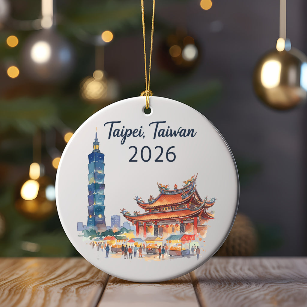 Ceramic ornament featuring Taipei 101 and a street market.