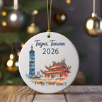 Ceramic ornament featuring Taipei 101 and a street market.