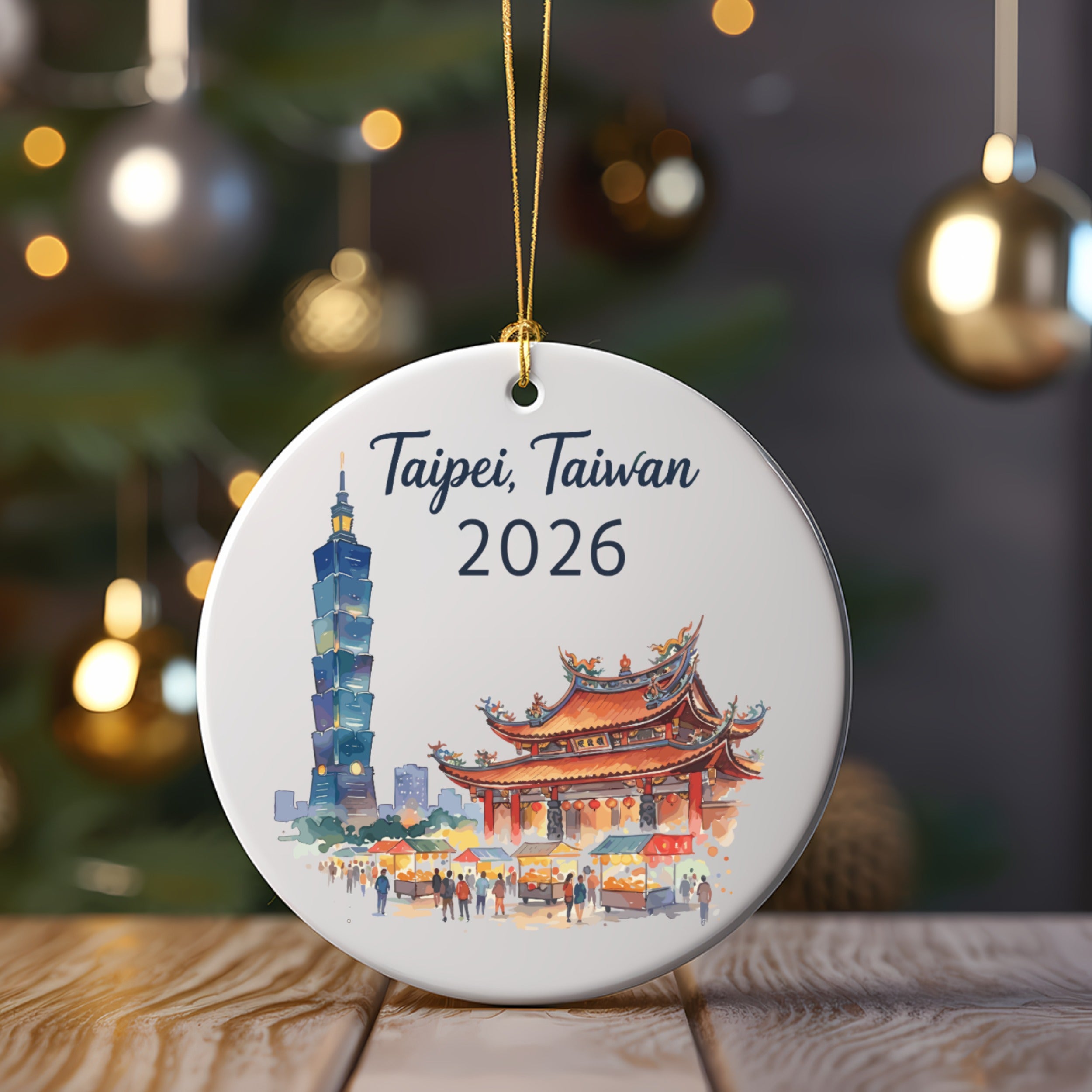 Ceramic ornament featuring Taipei 101 and a street market.