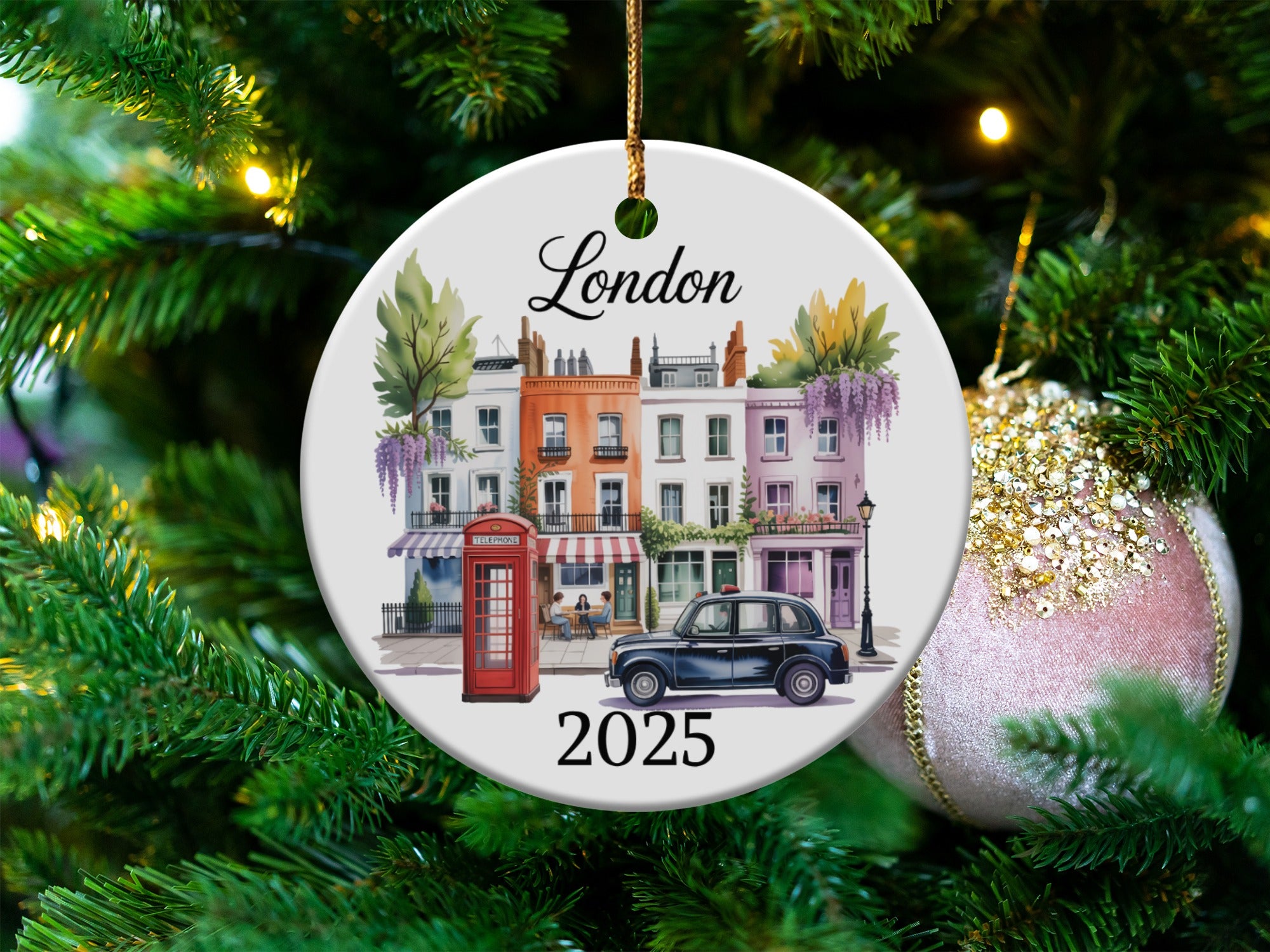 London street scene with red phone booth and townhouse ornament.