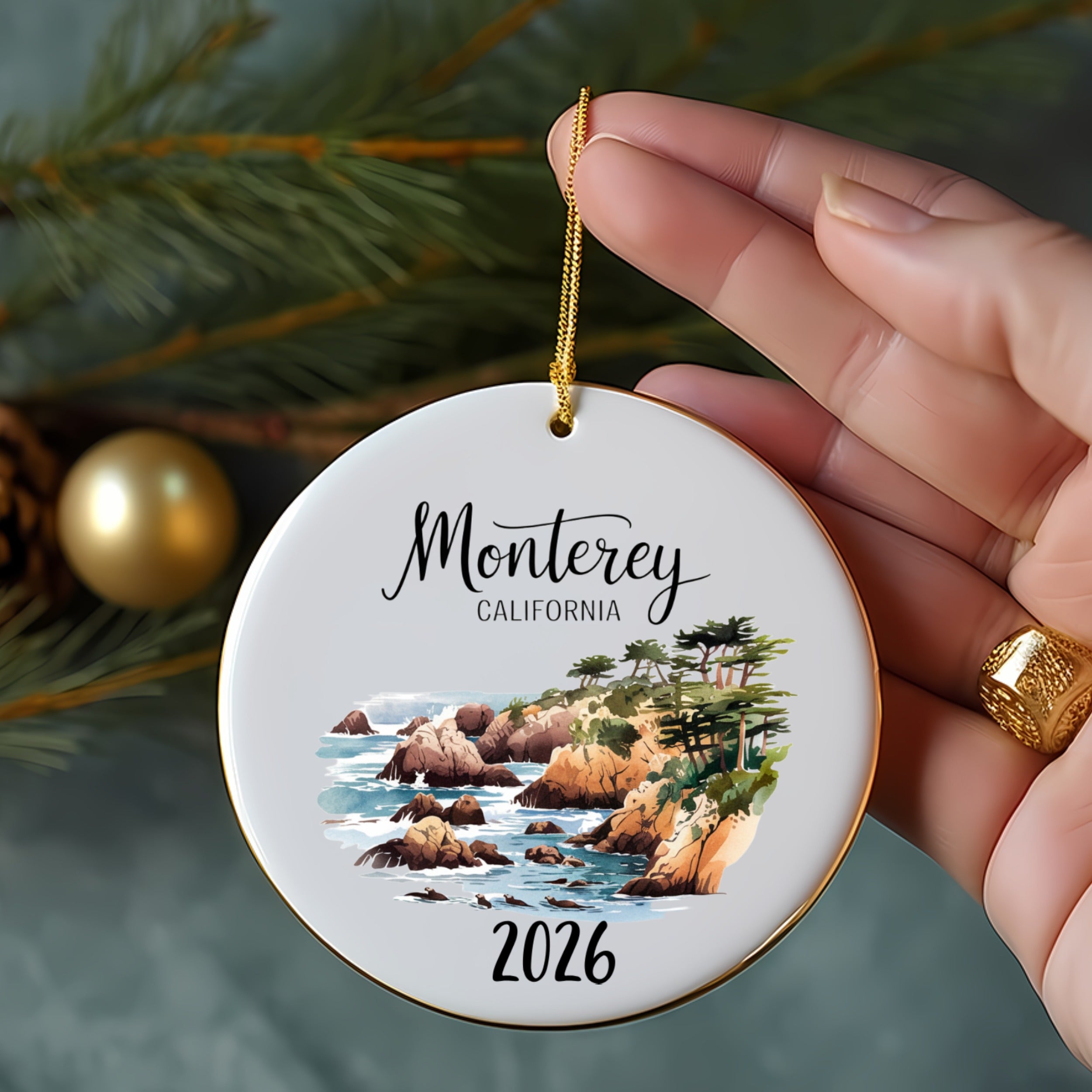 Monterey California ornament with coastal scene and year 2026.